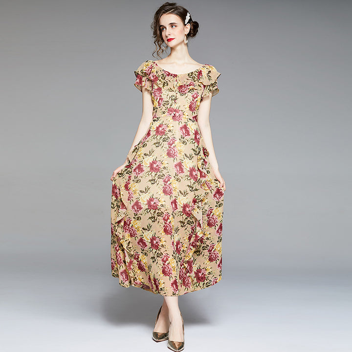 V-neck Flounce Short Sleeve High Waist Tight Waist Wide Hem Printed Long Dress