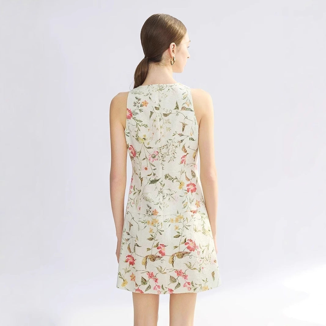 Sleeveless French Jacquard Texture Round Neck Dress Women