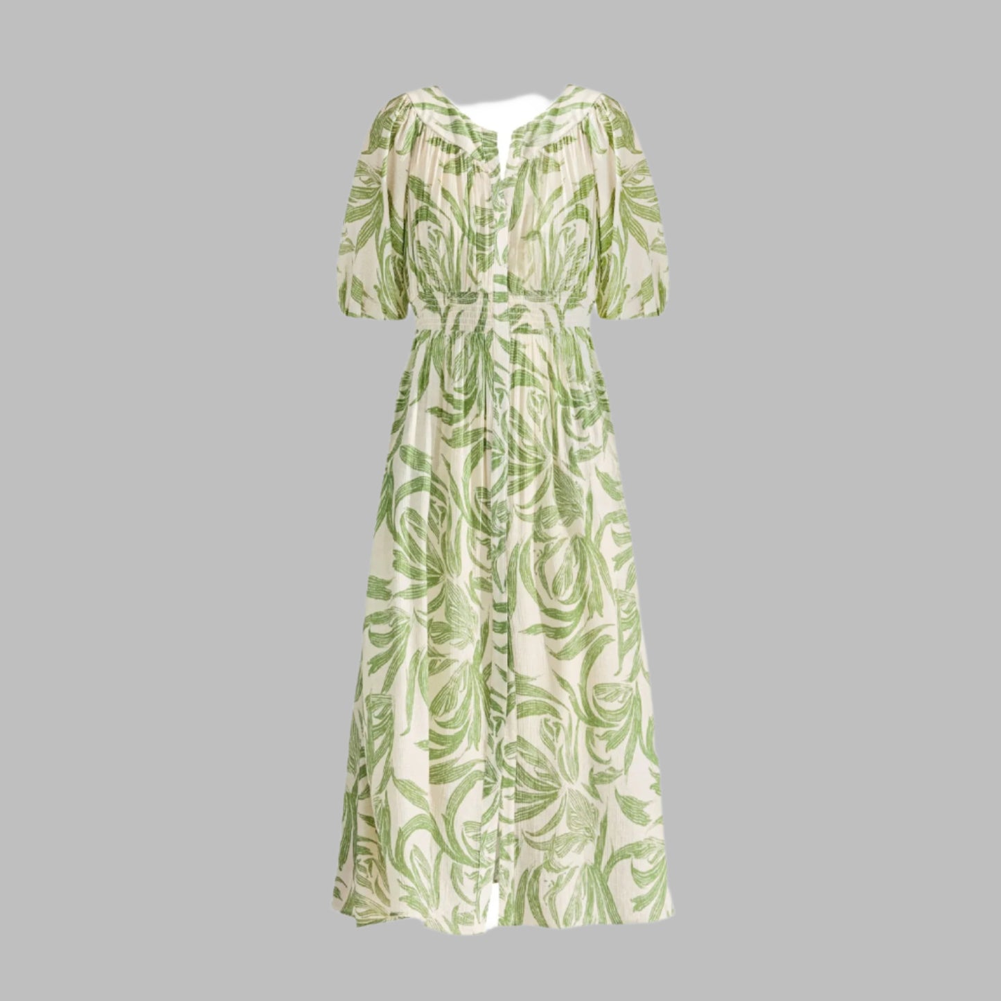 V-neck Green Printed Dress Lantern Sleeve Dress