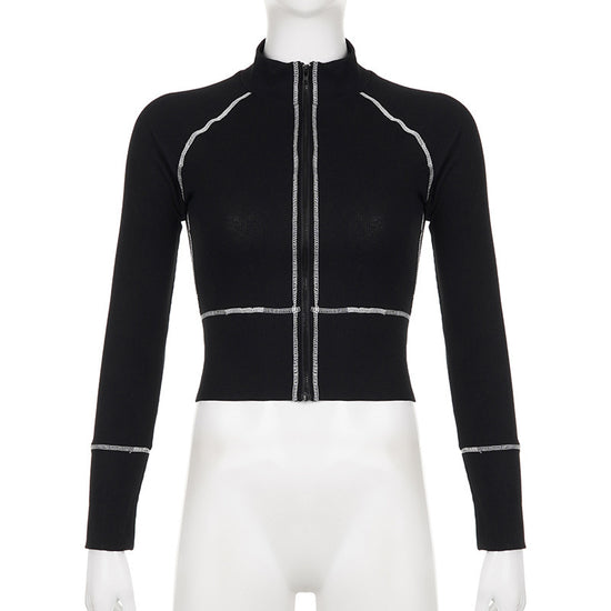Women's Fashion Casual Contrast Color Zipper Tight Long Sleeve