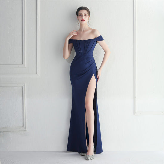 Female Solid Color Off Shoulder One Neck Slit Dress
