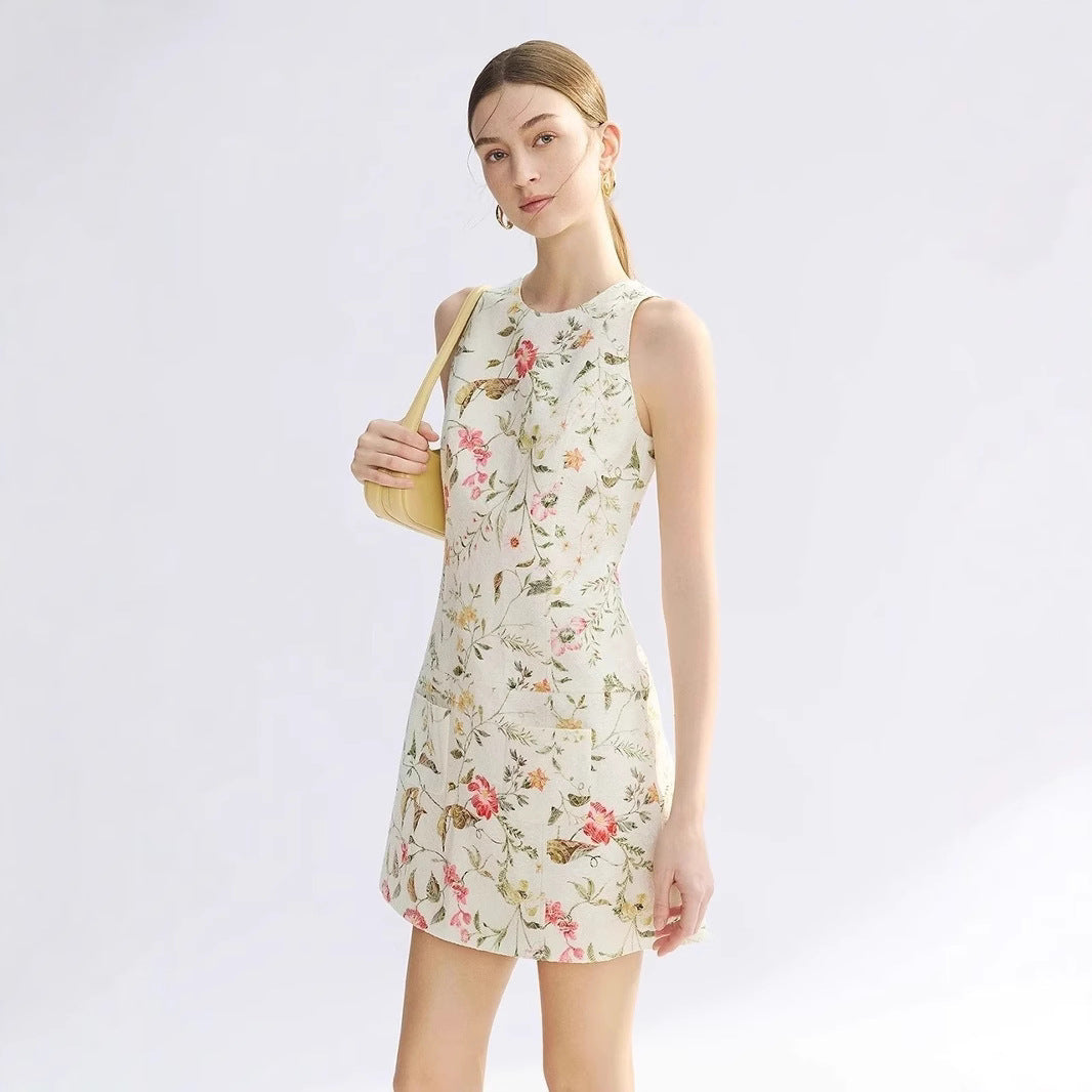 Sleeveless French Jacquard Texture Round Neck Dress Women