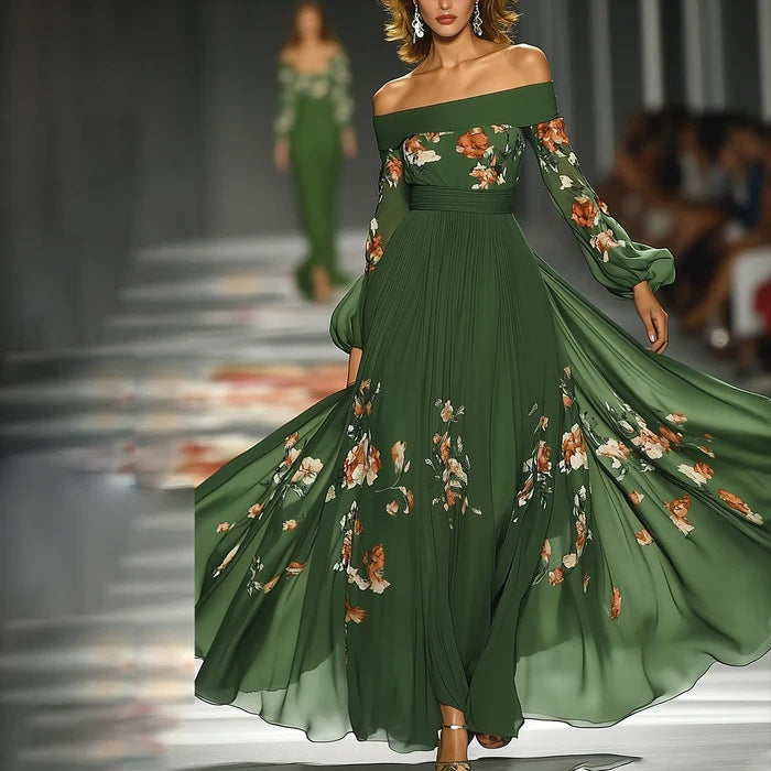 Long Sleeve Off Shoulder Digital Printing Dress