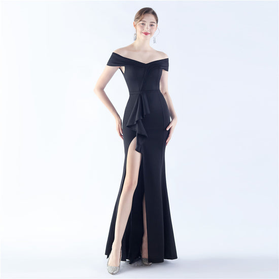 Female Solid Color Satin Off-shoulder Long Evening Dress