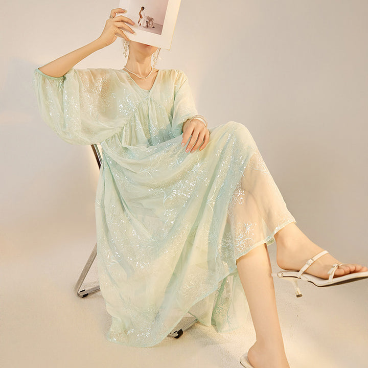 Summer New Chinese Style Elegant Dress National Style New Loose Sequins