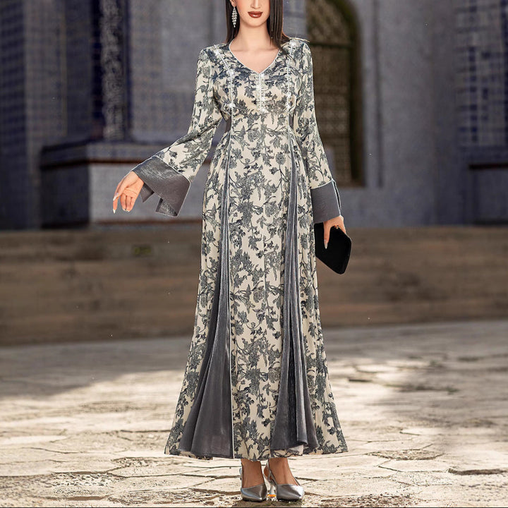 V-neck Satin Printed Muslim Dress