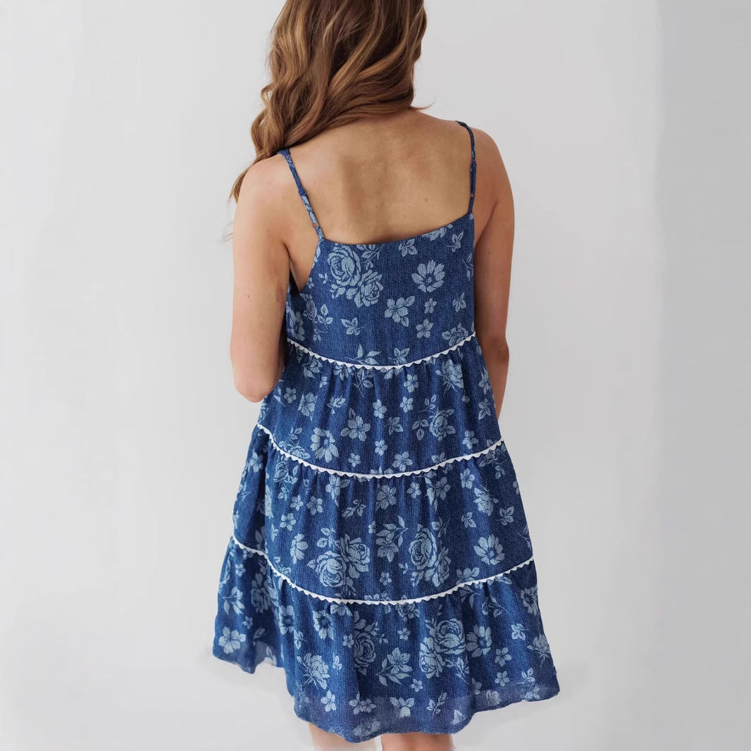 Sling Pleated Backless Denim Dress Women