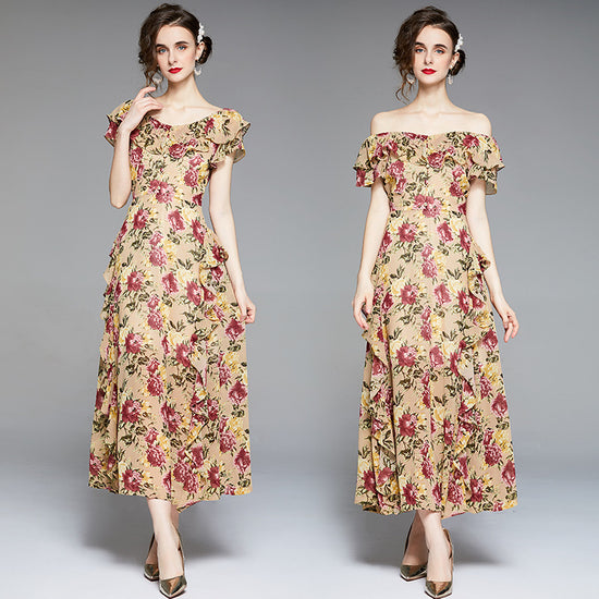 V-neck Flounce Short Sleeve High Waist Tight Waist Wide Hem Printed Long Dress