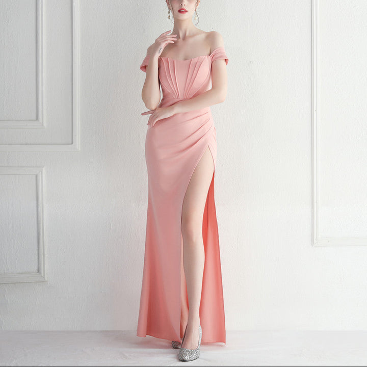 Female Solid Color Off Shoulder One Neck Slit Dress