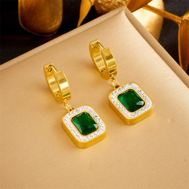 Emerald Cubic Sugar Zirconium Hanging Pendant Necklace And Earrings Suite