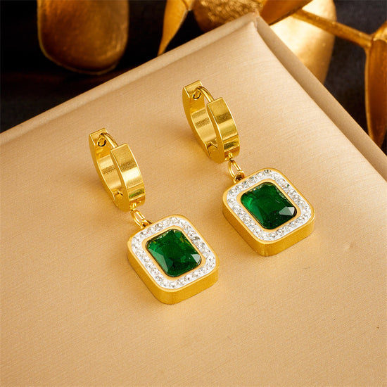 Emerald Cubic Sugar Zirconium Hanging Pendant Necklace And Earrings Suite