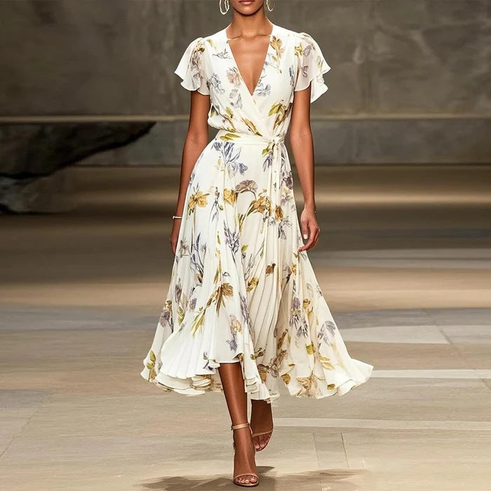 European And American Women's V-neck Short Sleeve Dress Temperament Printed