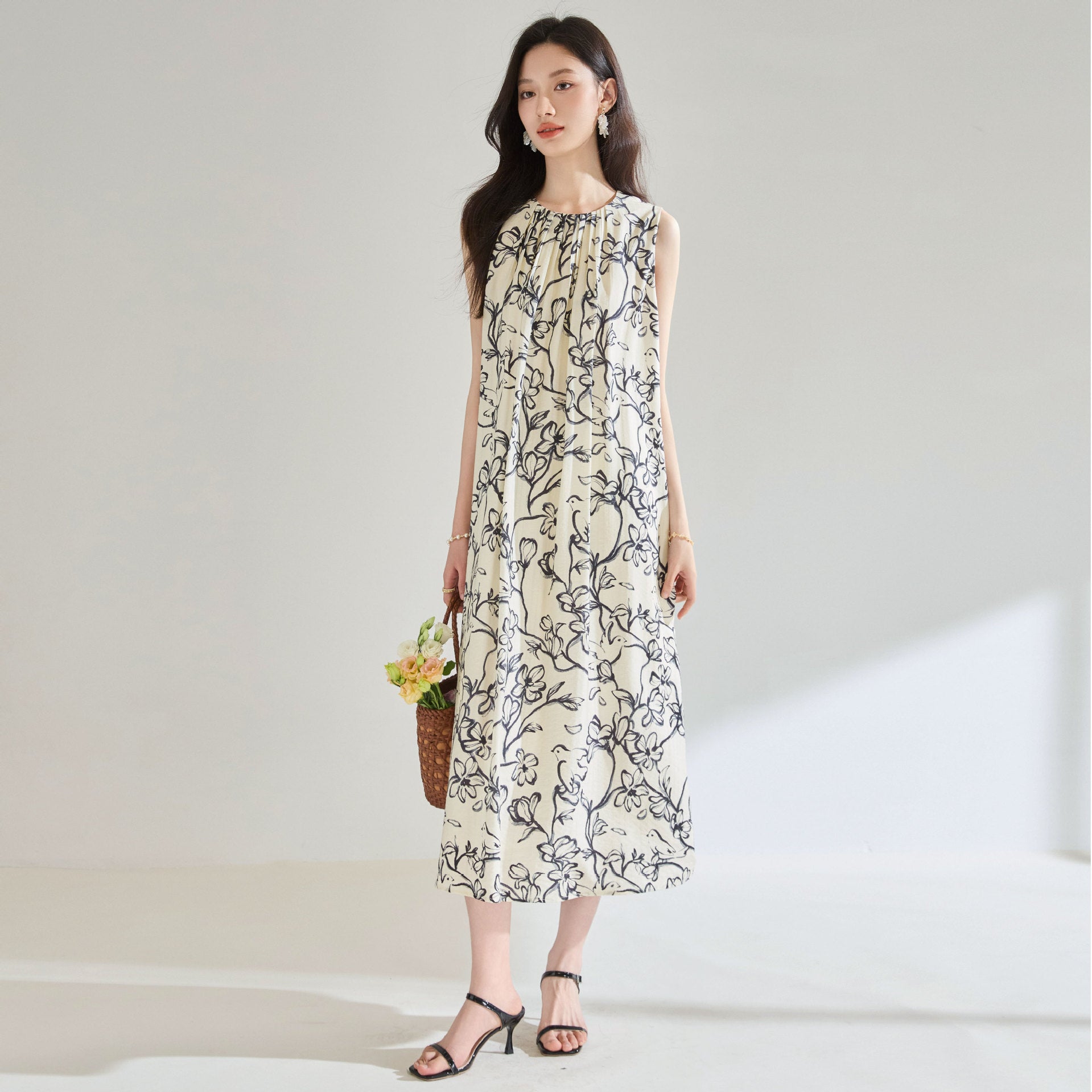 Printed Loose Round Neck Vacation Style Sleeveless Dress