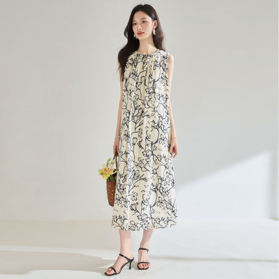 Printed Loose Round Neck Vacation Style Sleeveless Dress