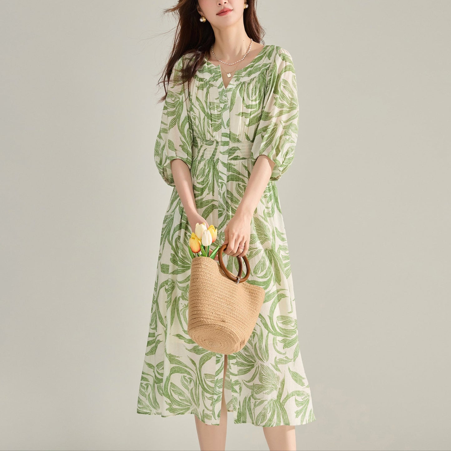 V-neck Green Printed Dress Lantern Sleeve Dress