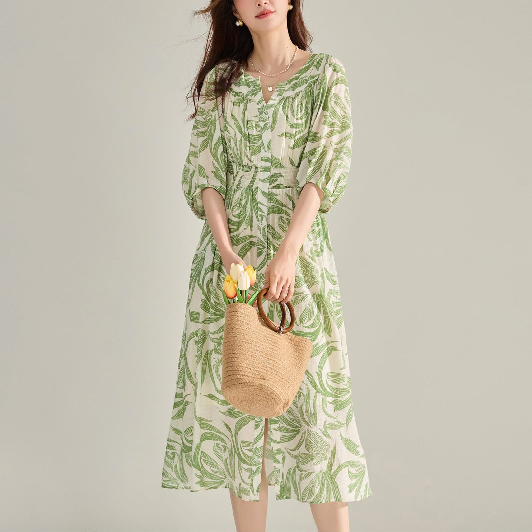 V-neck Green Printed Dress Lantern Sleeve Dress