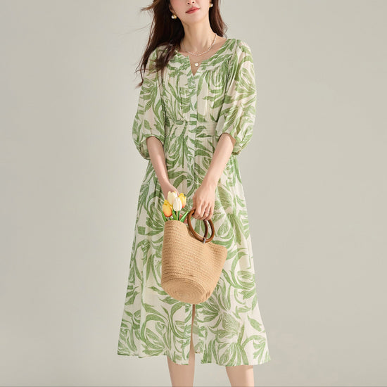 V-neck Green Printed Dress Lantern Sleeve Dress