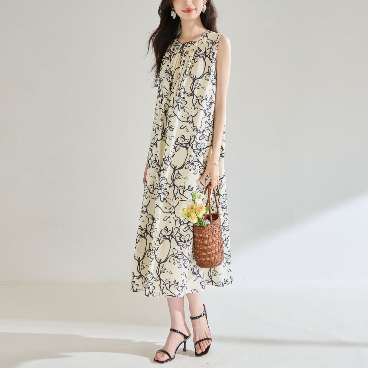 Printed Loose Round Neck Vacation Style Sleeveless Dress
