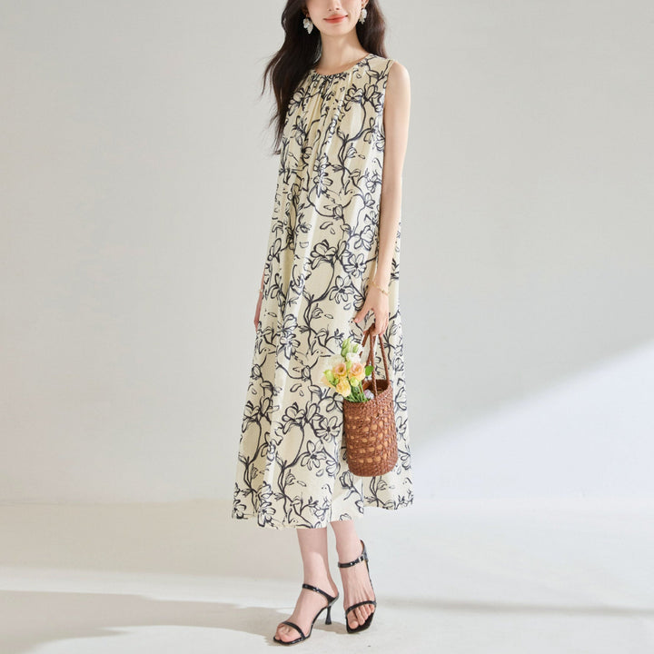 Printed Loose Round Neck Vacation Style Sleeveless Dress
