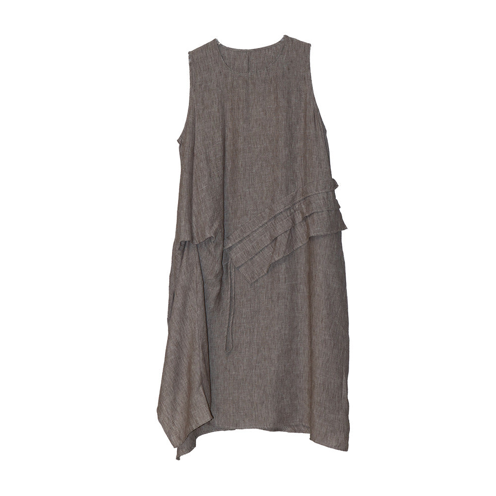 Women's Retro Crew Neck Patchwork Ruffled Drawstring Sleeveless Dress