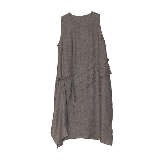 Women's Retro Crew Neck Patchwork Ruffled Drawstring Sleeveless Dress