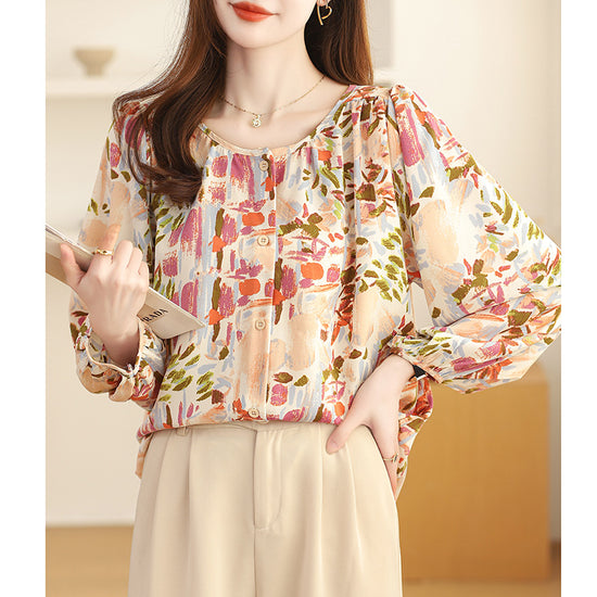 Real Shot French Style Vintage Floral Nine-quarter Sleeve Shirt For Women