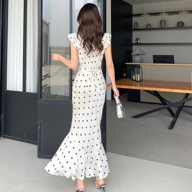 Temperament Waist-controlled Summer Ruffles Backless Polka Dot Dress Women