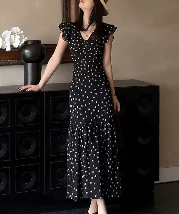 Summer New Slim Fit Show Thin Black French Polka Dot Fashion Dress