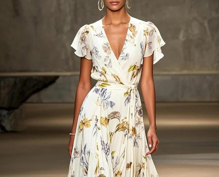 European And American Women's V-neck Short Sleeve Dress Temperament Printed
