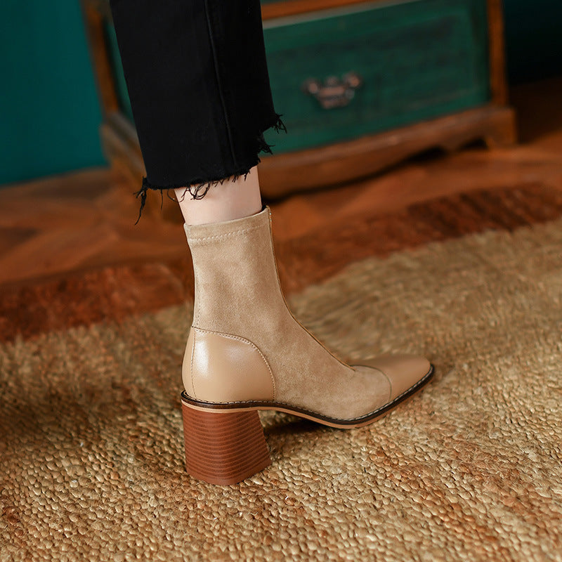 Front Zipper Leather Stitching Stretch Boots