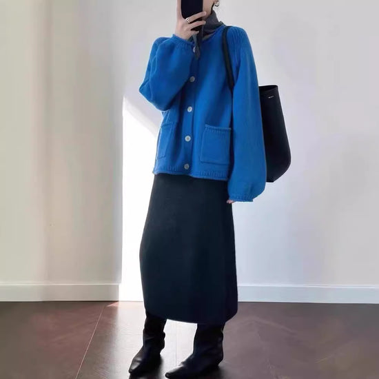 Klein Blue Knitted Cardigan Sweater Coat For Women Early