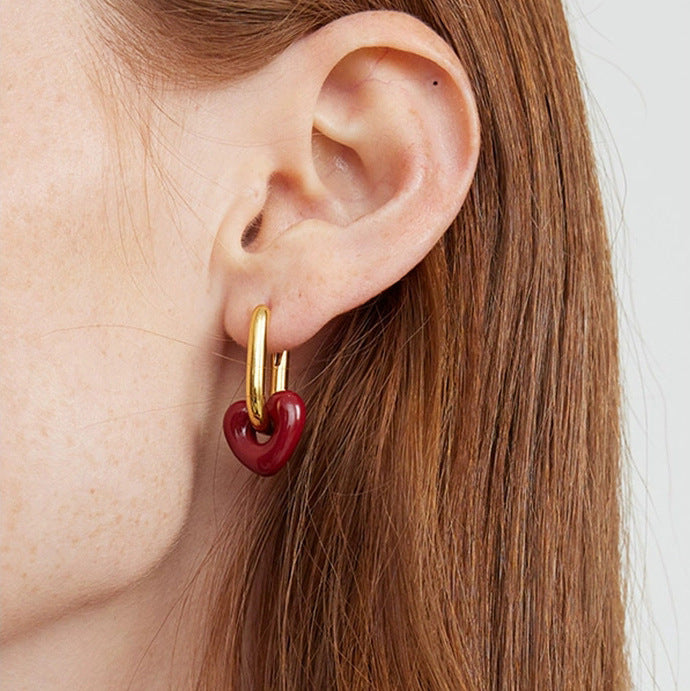 Titanium Steel Vintage Dripping Oil Red Love Heart Earrings Women