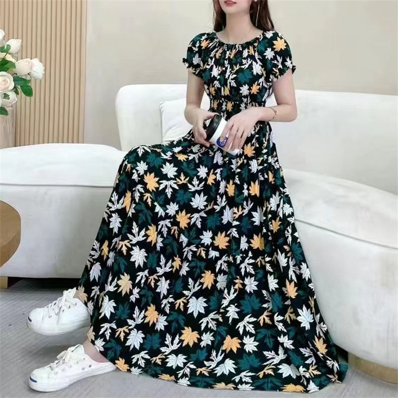 Cotton Silk Floral Korean Style Ladies Elegant Slim-fit Dress
