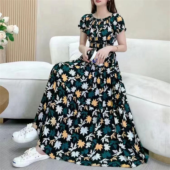 Cotton Silk Floral Korean Style Ladies Elegant Slim-fit Dress