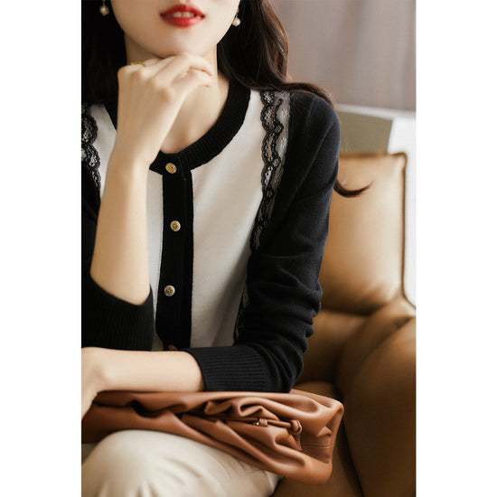 Slimming Lace Patchwork Round Neck Knitted Cardigan Sweater