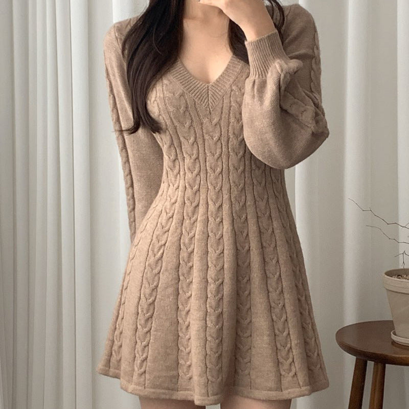 Waisted Small Lantern Sleeve Sweater Dress