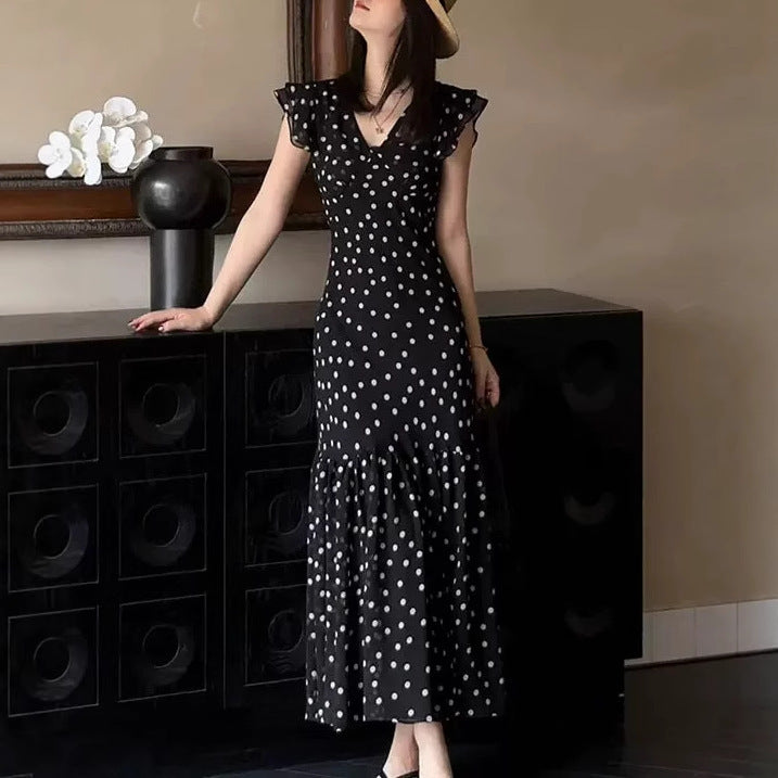 Summer New Slim Fit Show Thin Black French Polka Dot Fashion Dress