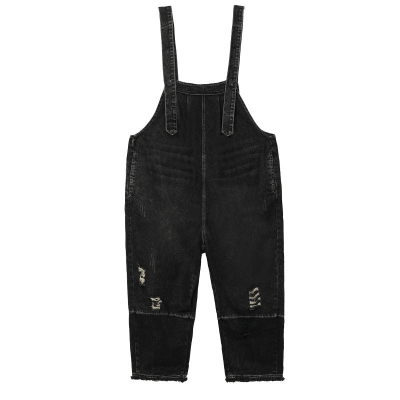 Fashion Distressed Denim Strap Pants