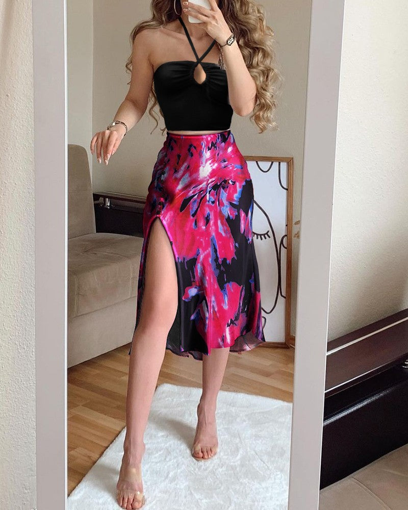 New Women's Sexy High Waist Bag Hip Slit Polka Dot Print Mid-Length Skirt