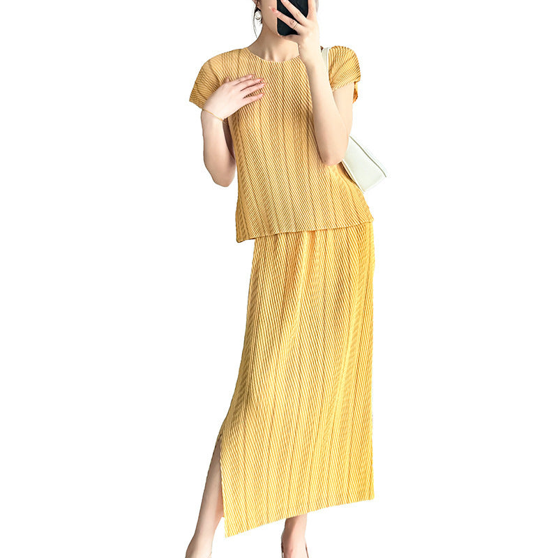 Pullover Round Neck Short Sleeve Scale Peplum Top Versatile Split Long Dress Skirt Suit