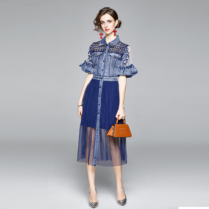 Beaded Hollow Mesh Denim Panel Dress