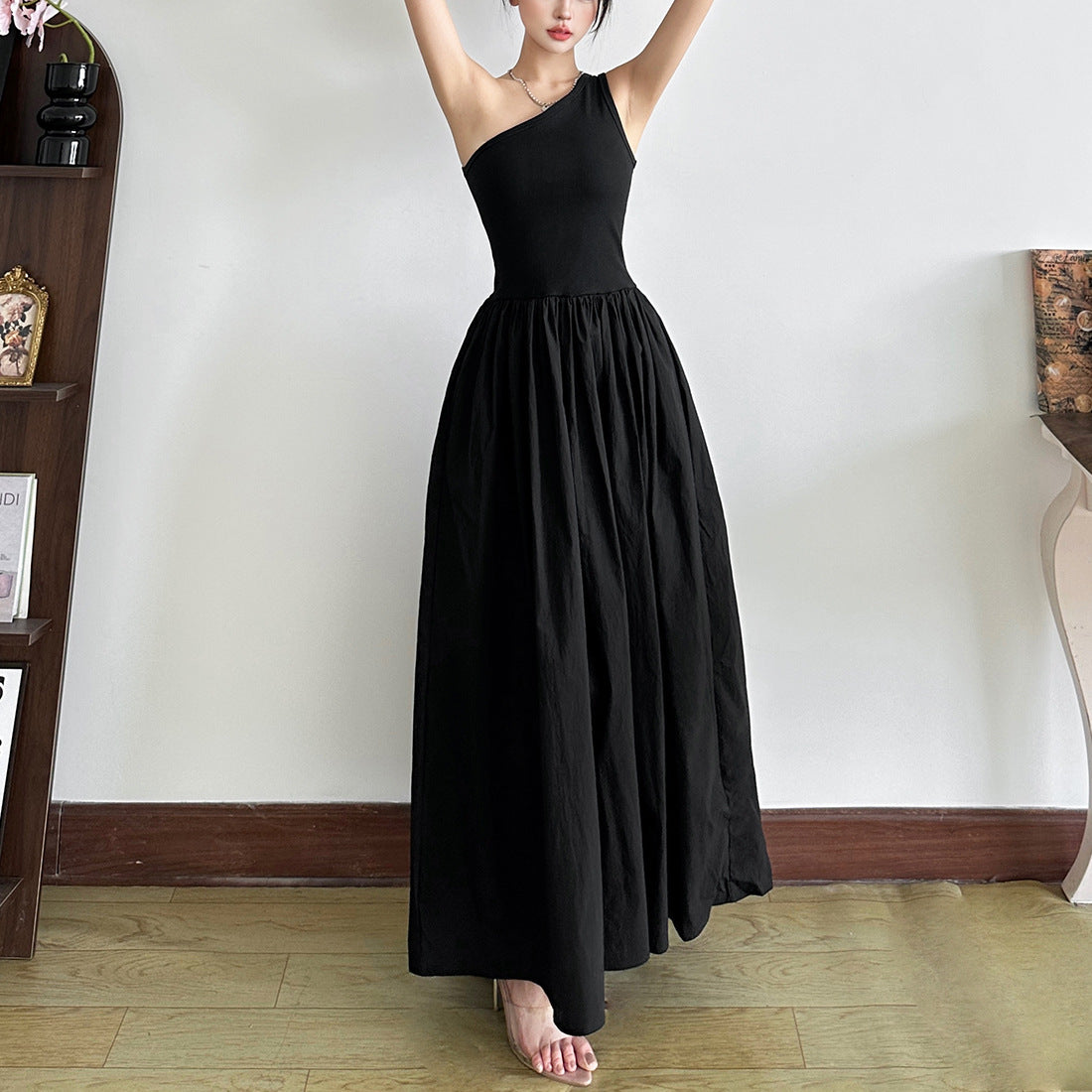 Fashion Women's Wear Waist Slant Shoulder Sleeveless Dress