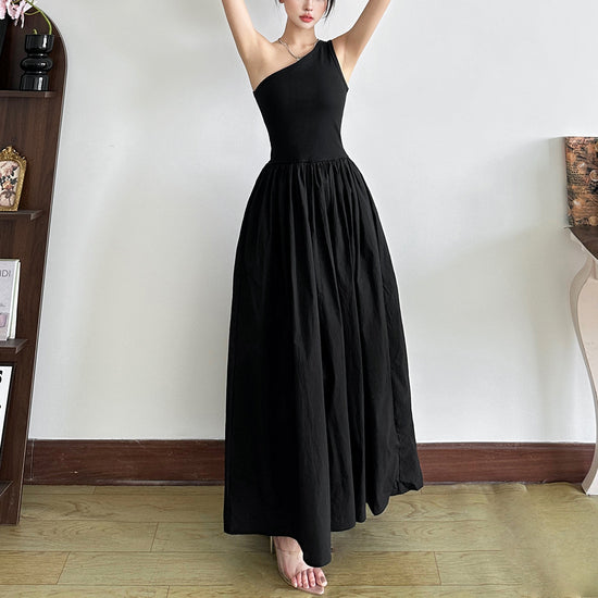Fashion Women's Wear Waist Slant Shoulder Sleeveless Dress