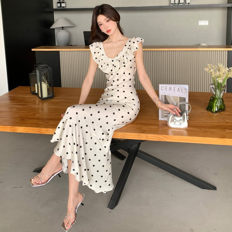 Temperament Waist-controlled Summer Ruffles Backless Polka Dot Dress Women