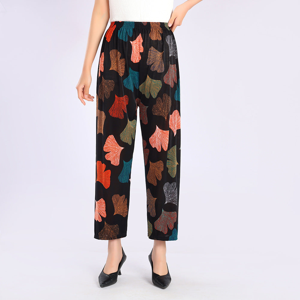 Ice Silk Wide-leg Pants Middle-aged And Elderly Loose Flower Pants