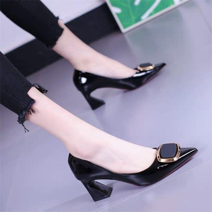 All-match Fashion Patent Leather Women's Shoes Shallow Mouth Pointed Mid Heel Women's Shoes