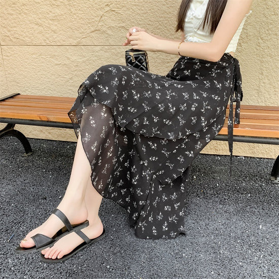 Printed Chiffon Flounced Skirt One Piece Asymmetric Skirt Mid-length