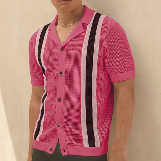 Men's Fashion Cuban Collar Short Sleeve Knitted Cardigan
