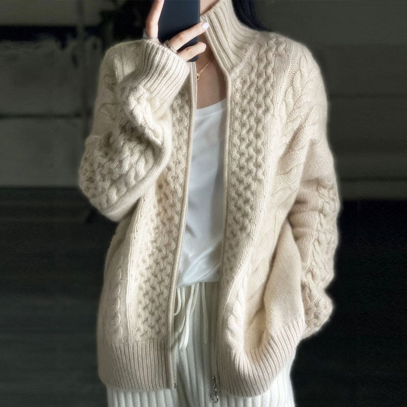 Thick Cashmere Women High Neck Zipper Sweater Cardigan