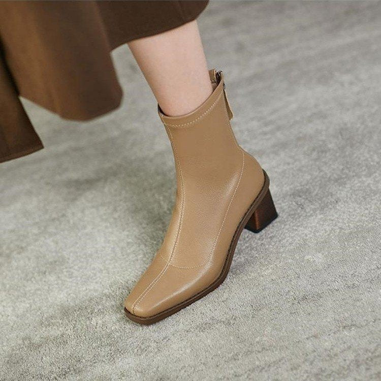 European And American Internet Hot Skinny Boots Autumn New European And American Ins Square Toe Back Zipper Chunky Heel Boots High Heel Large Size Boots